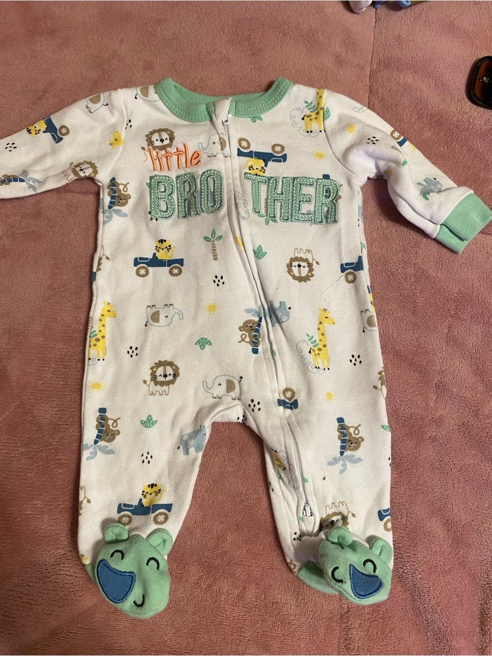 Koala Kids White & Mint 'Brother' Animal Print Footed One-Piece